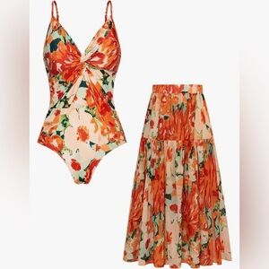 Floral Twist-Front One-Piece Swimsuit and Maxi Skirt Set - Orange Floral
